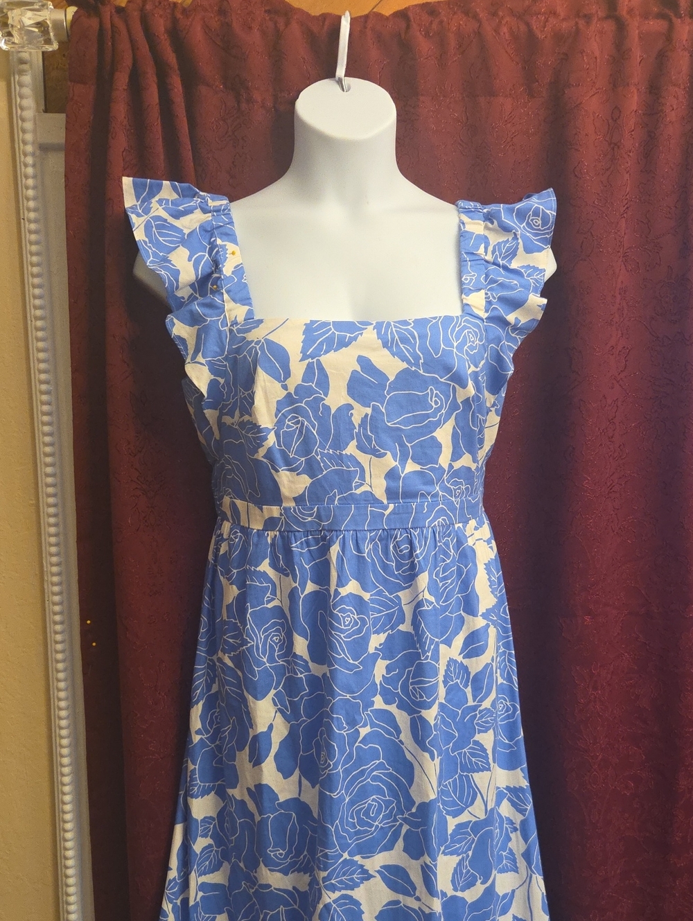 London Times Blue and White Floral Ruffle-Strap Midi Dress